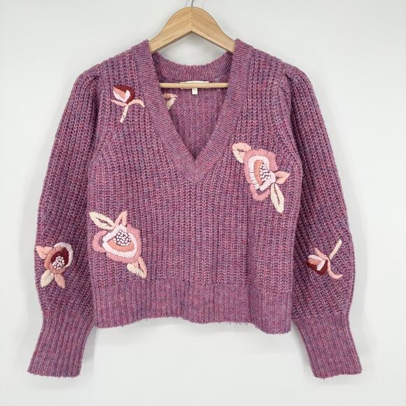 LoveShackFancy Ridge Sweater Floral Embroidered Balloon Sleeve Chunky Knit Berry - Picture 6 of 16